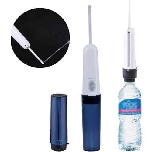 blue electric travel bidet with water bottle attachment